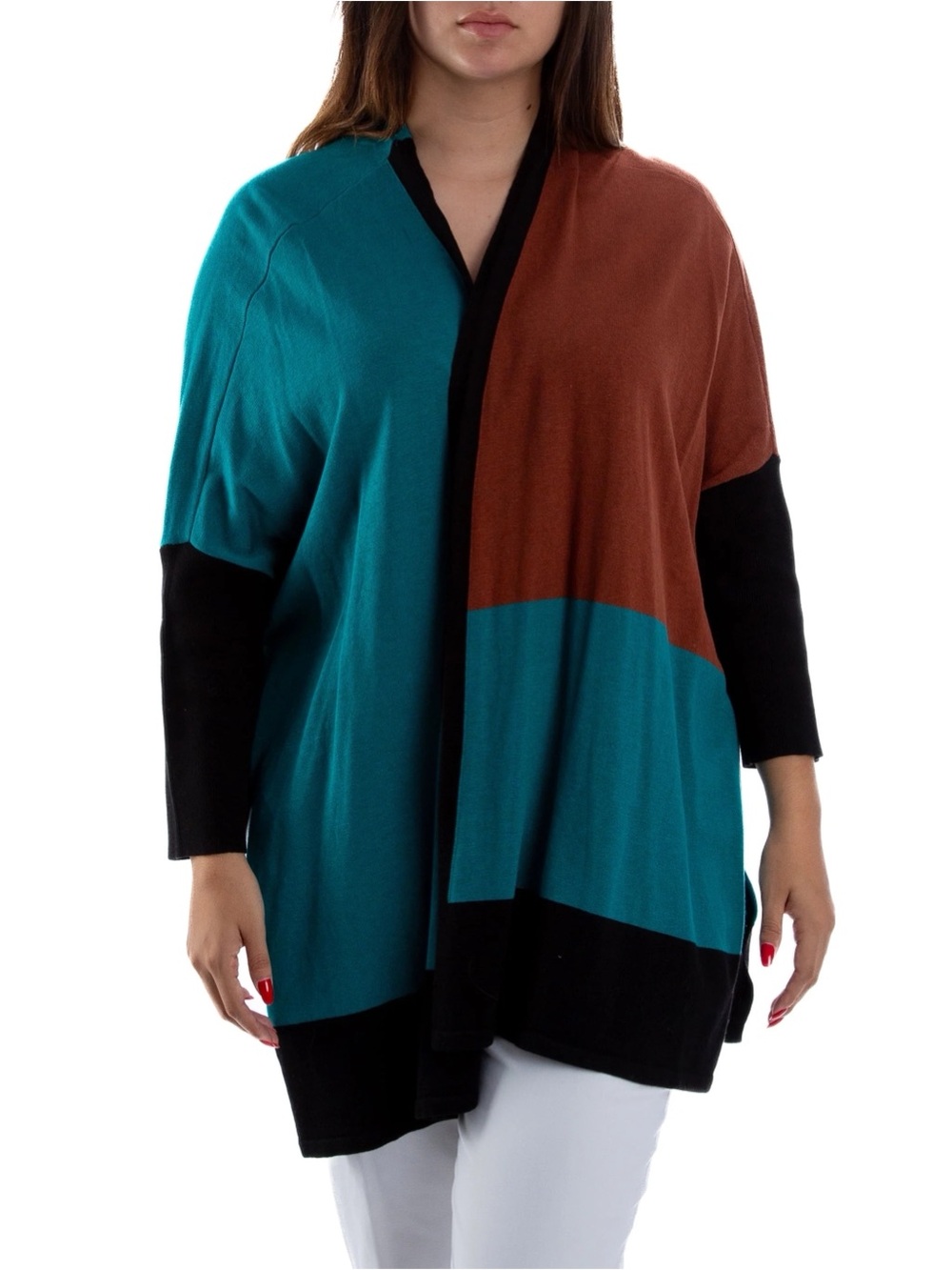 Chico’s teal/brown color-block longer length cardigan sweater (L/XL)